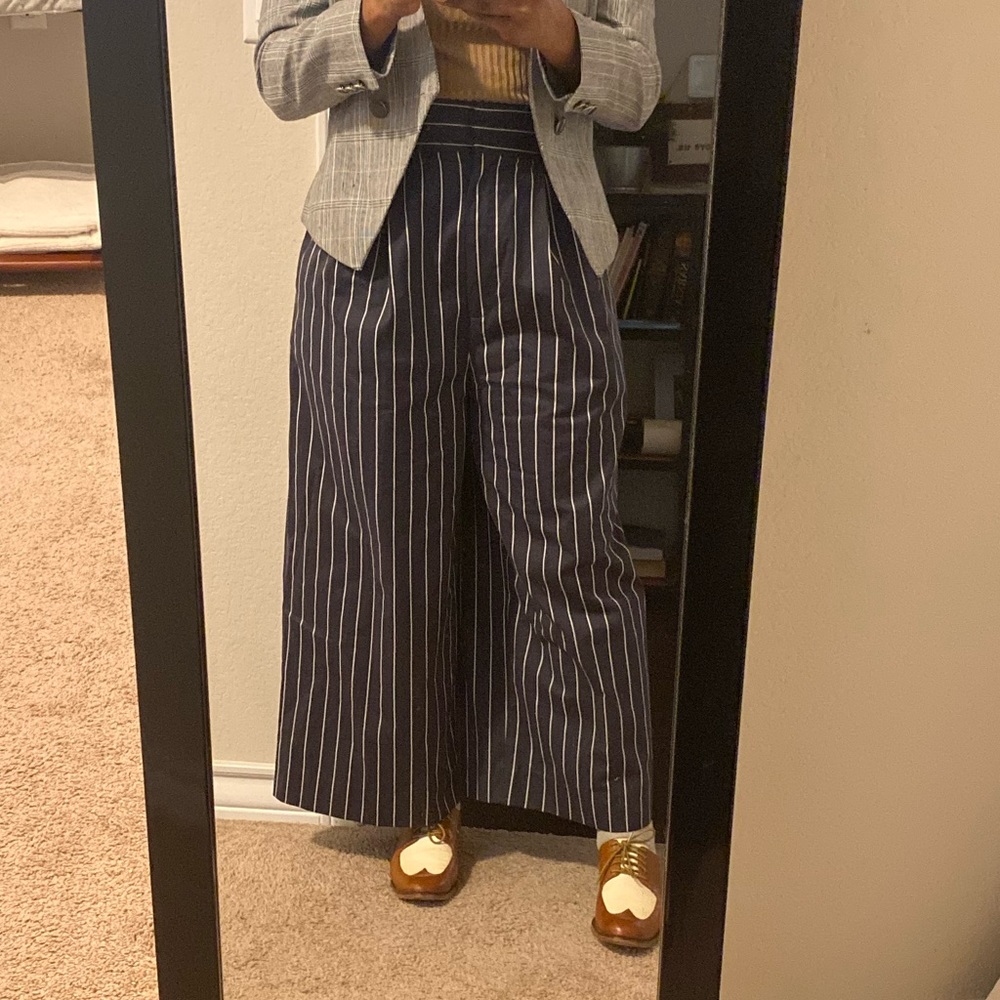 Tibi Bianca Sateen Striped Wide Leg Cropped Pants Blue/White